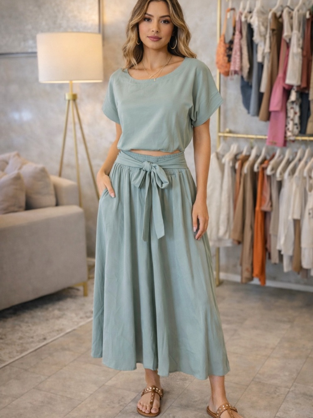 Sage Green High-Waist Maxi Skirt with Tie